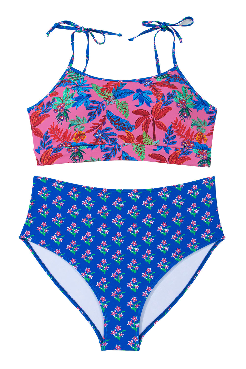 Blue Tropical Print Crop Cami and High Waist Plus Size Bikini Set - Curve + Plus