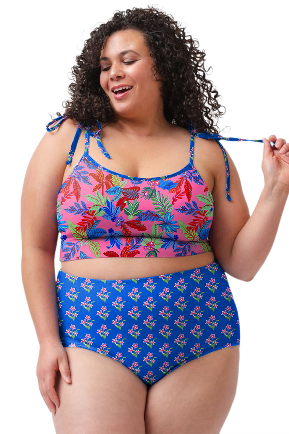 Blue Tropical Print Crop Cami and High Waist Plus Size Bikini Set - Curve + Plus