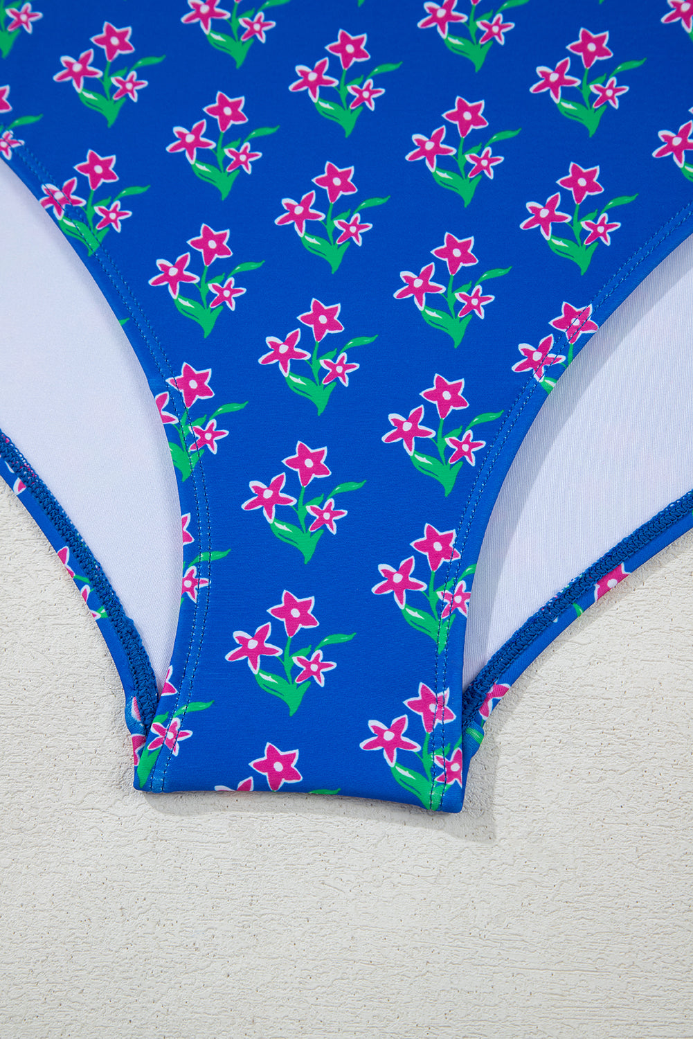 Blue Tropical Print Crop Cami and High Waist Plus Size Bikini Set - Curve + Plus