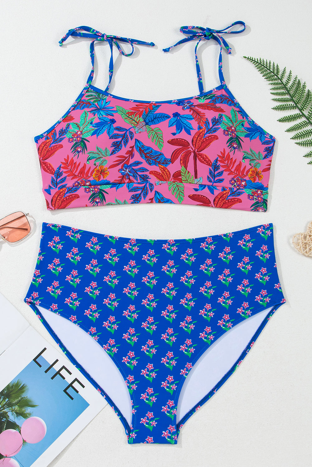 Blue Tropical Print Crop Cami and High Waist Plus Size Bikini Set - Curve + Plus