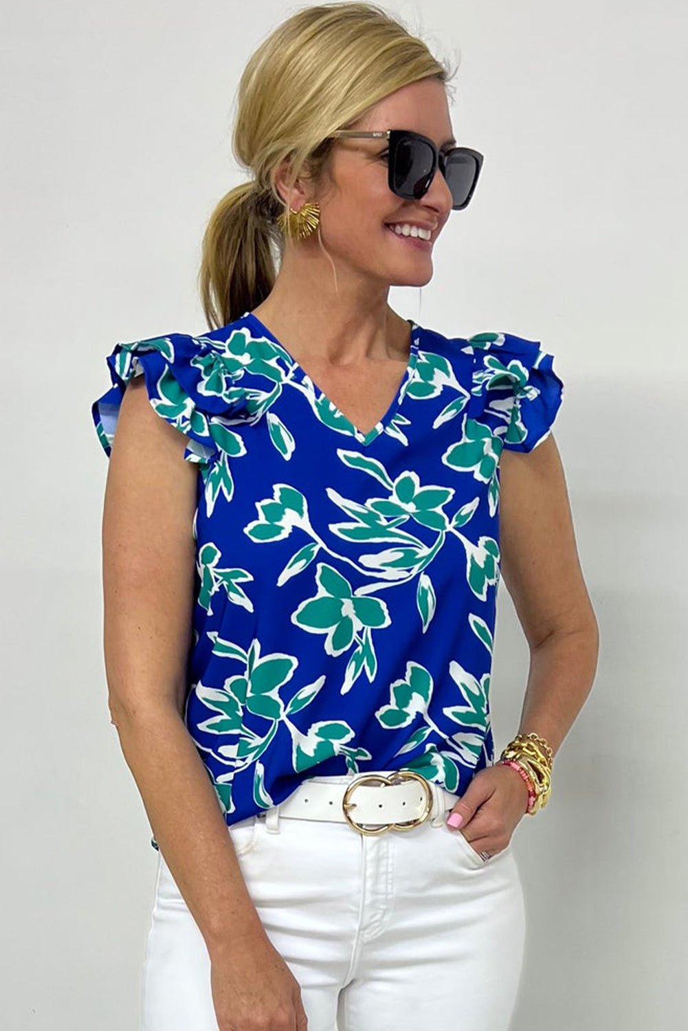Blue V Neck Floral Print Ruffle Short Sleeve Blouse - MAD RUFFI