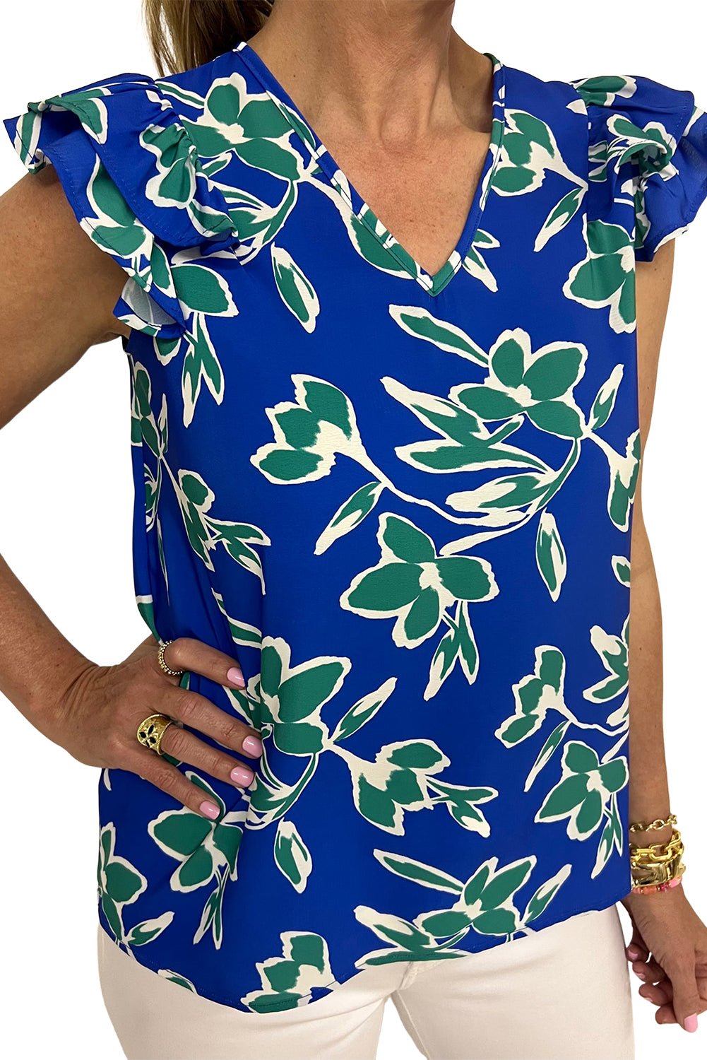 Blue V Neck Floral Print Ruffle Short Sleeve Blouse - MAD RUFFI