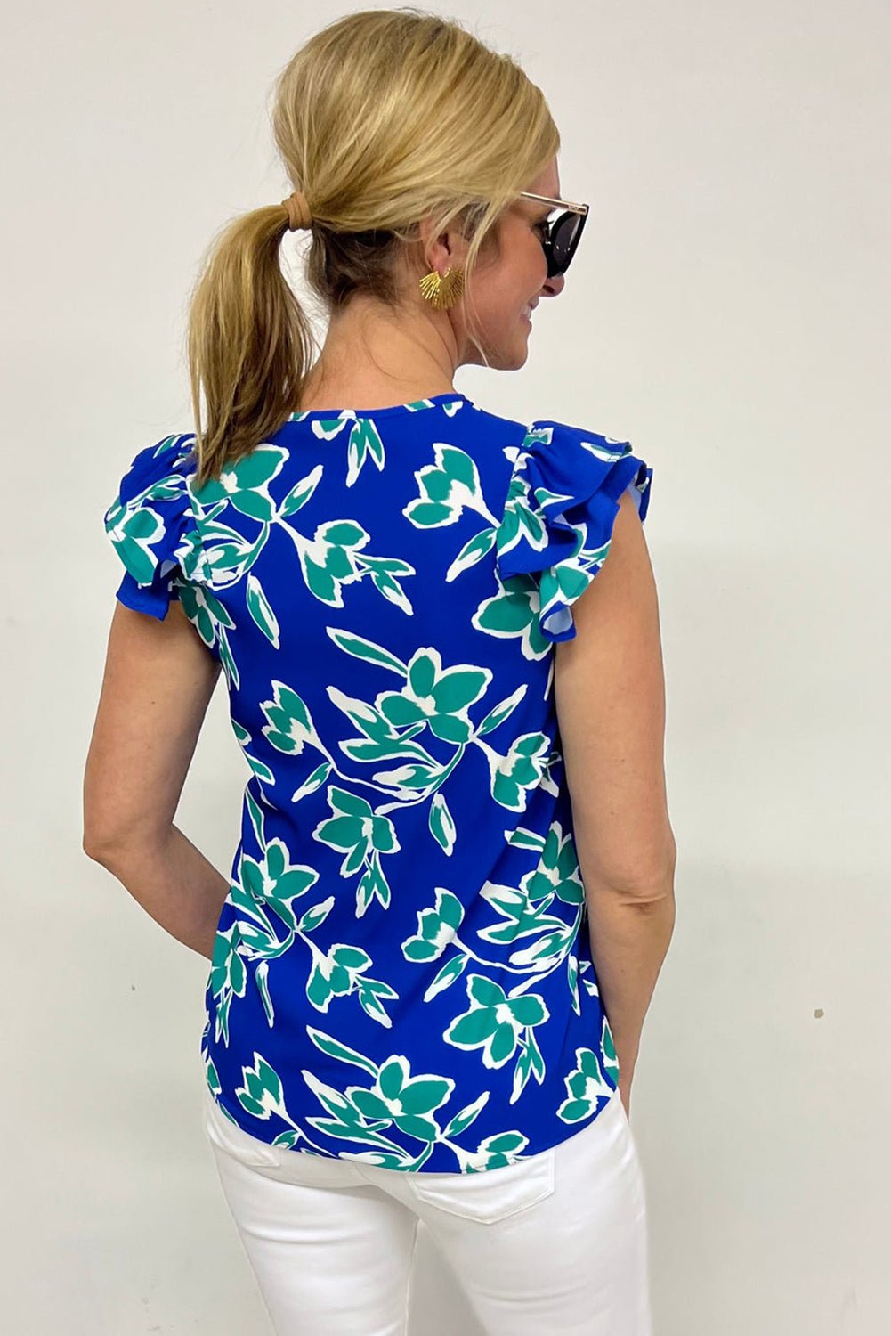 Blue V Neck Floral Print Ruffle Short Sleeve Blouse - MAD RUFFI