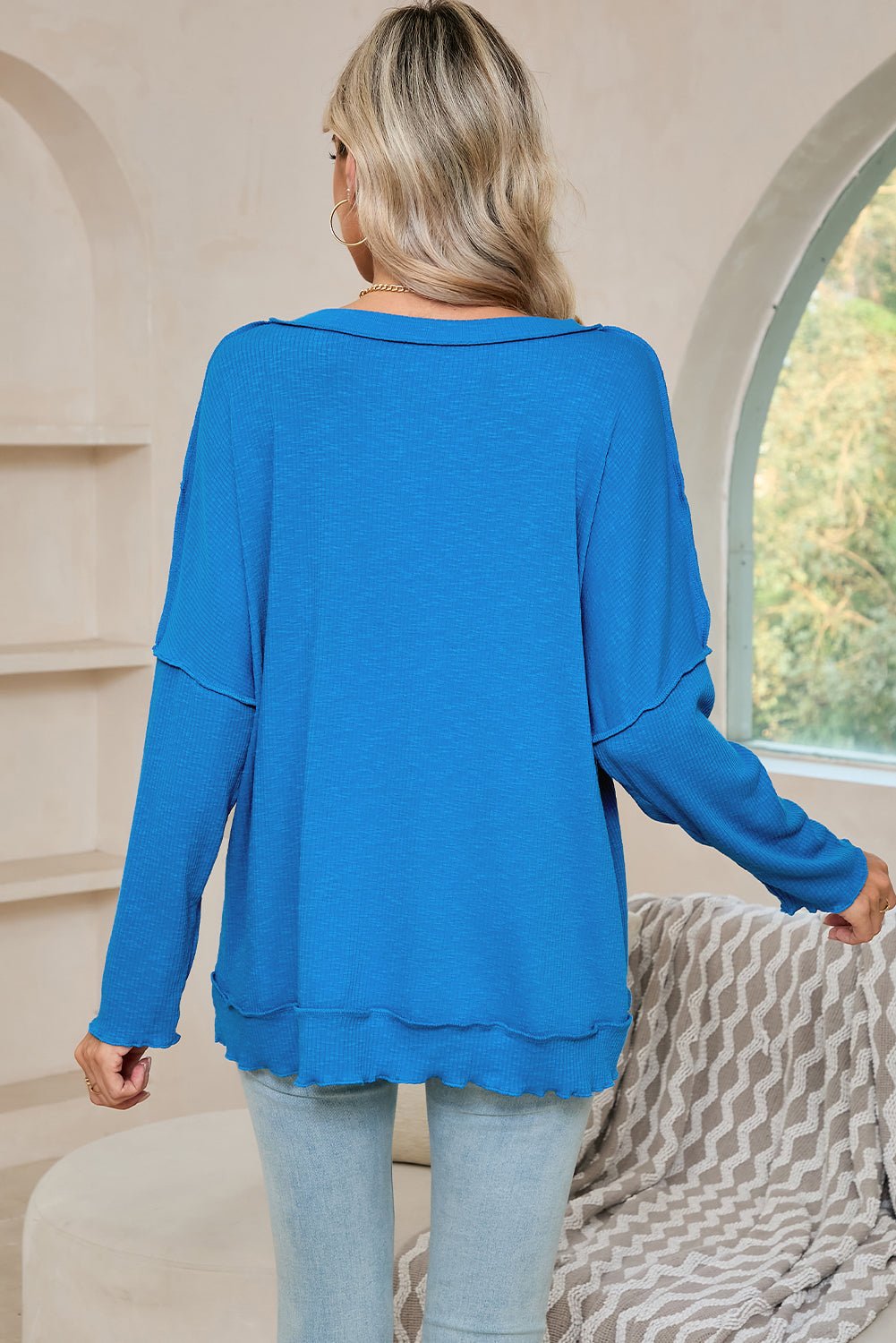 Blue V - Neck Pocketed Ribbed Dolman Top - MAD RUFFI