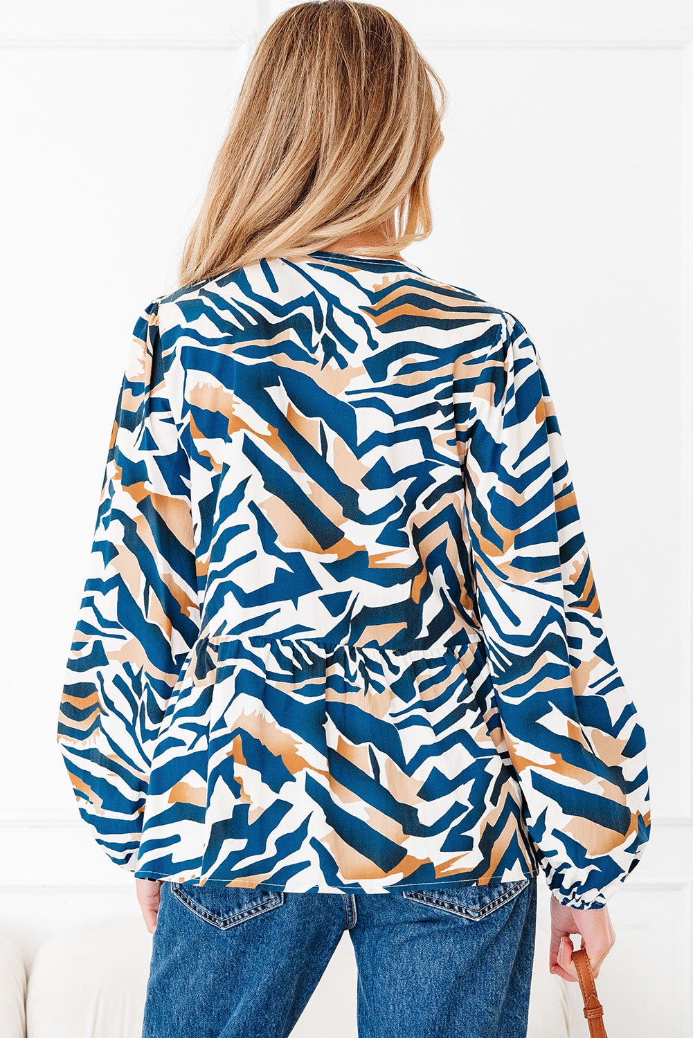 Blue Zebra Print Tied Front Puff Sleeve Top - MAD RUFFI