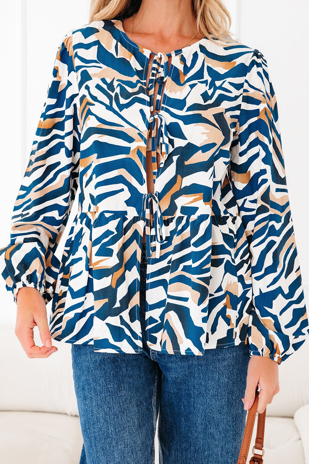 Blue Zebra Print Tied Front Puff Sleeve Top - MAD RUFFI
