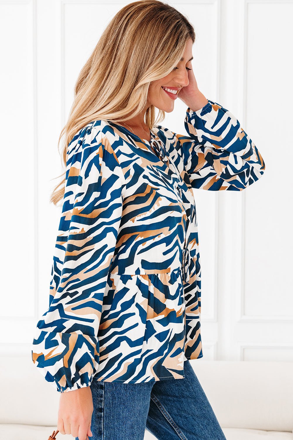 Blue Zebra Print Tied Front Puff Sleeve Top - MAD RUFFI