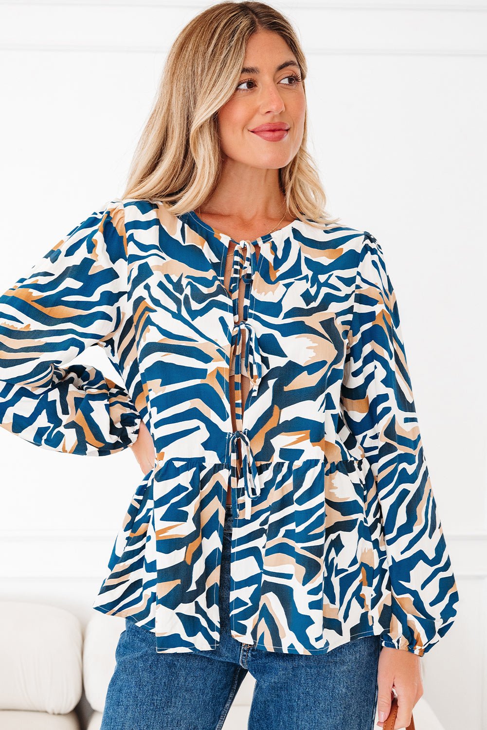 Blue Zebra Print Tied Front Puff Sleeve Top - MAD RUFFI