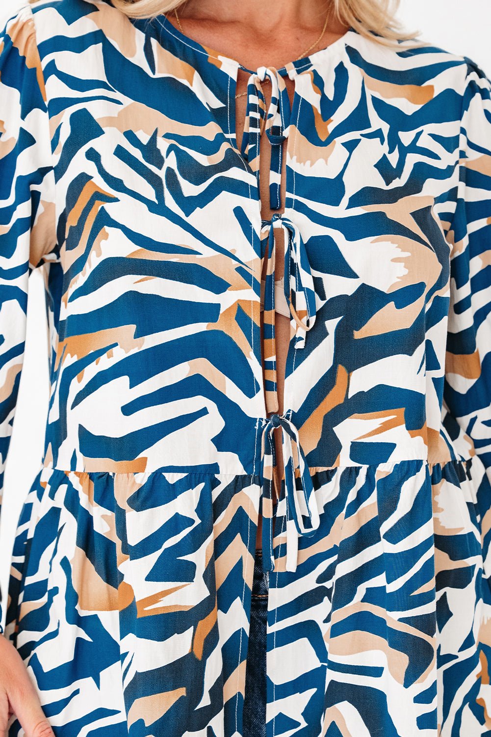 Blue Zebra Print Tied Front Puff Sleeve Top - MAD RUFFI