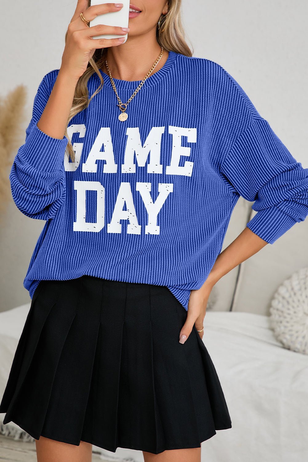 Bluing Corded GAME DAY Graphic Long Sleeve Top - MAD RUFFI