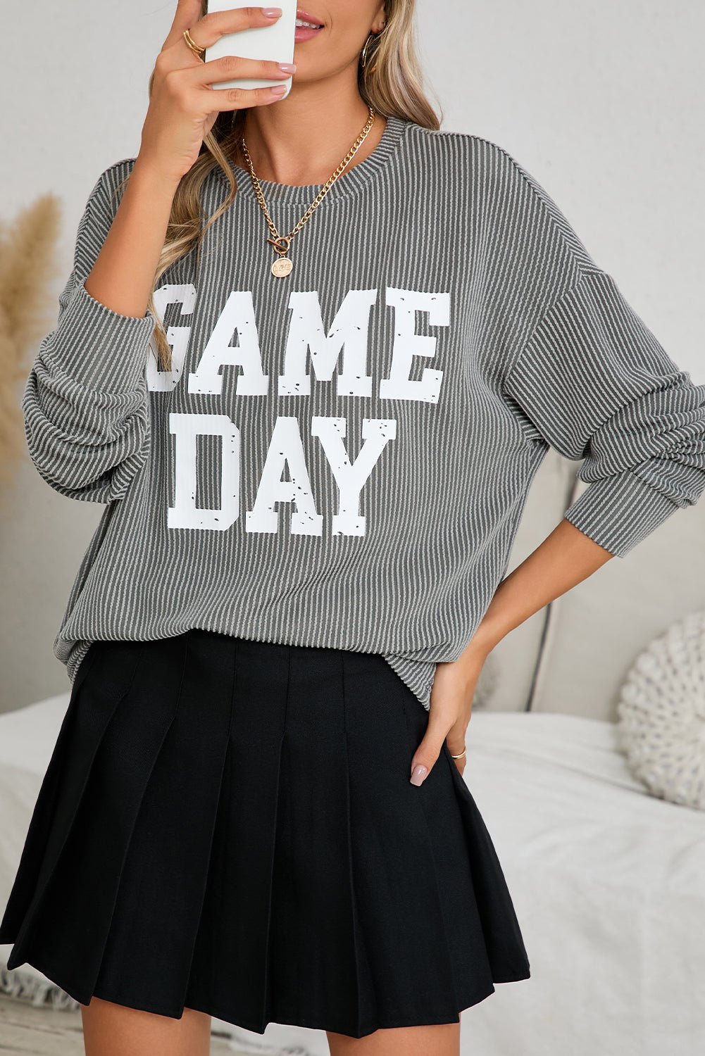 Bluing Corded GAME DAY Graphic Long Sleeve Top - MAD RUFFI