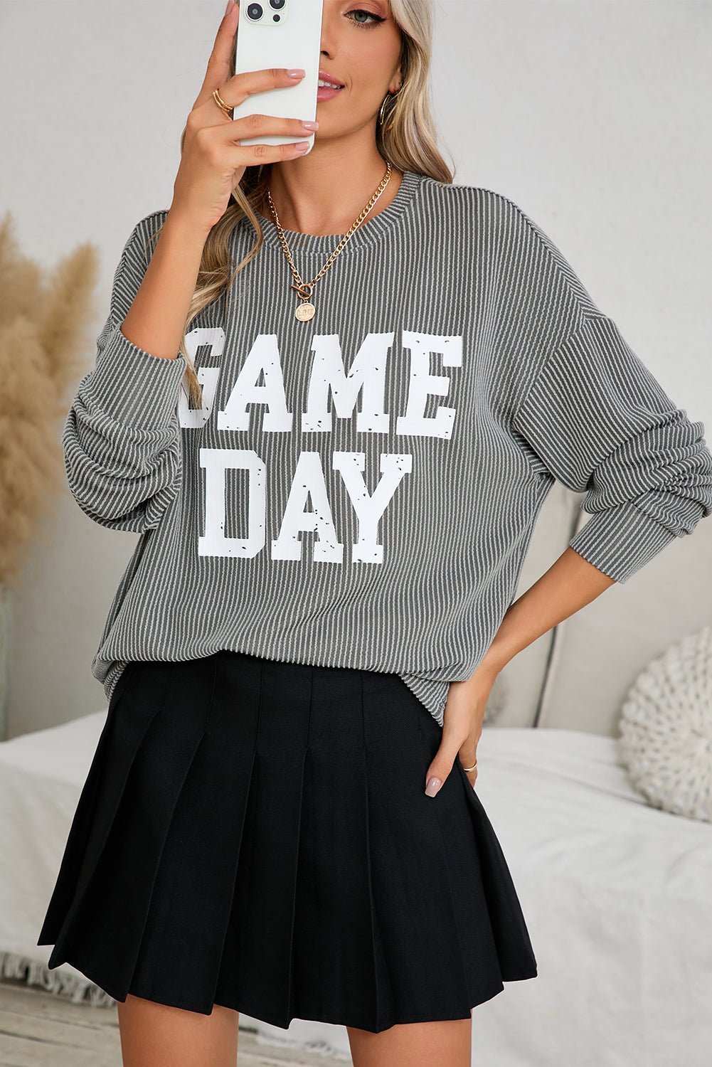 Bluing Corded GAME DAY Graphic Long Sleeve Top - MAD RUFFI