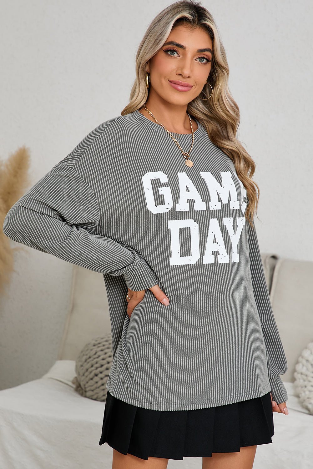 Bluing Corded GAME DAY Graphic Long Sleeve Top - MAD RUFFI