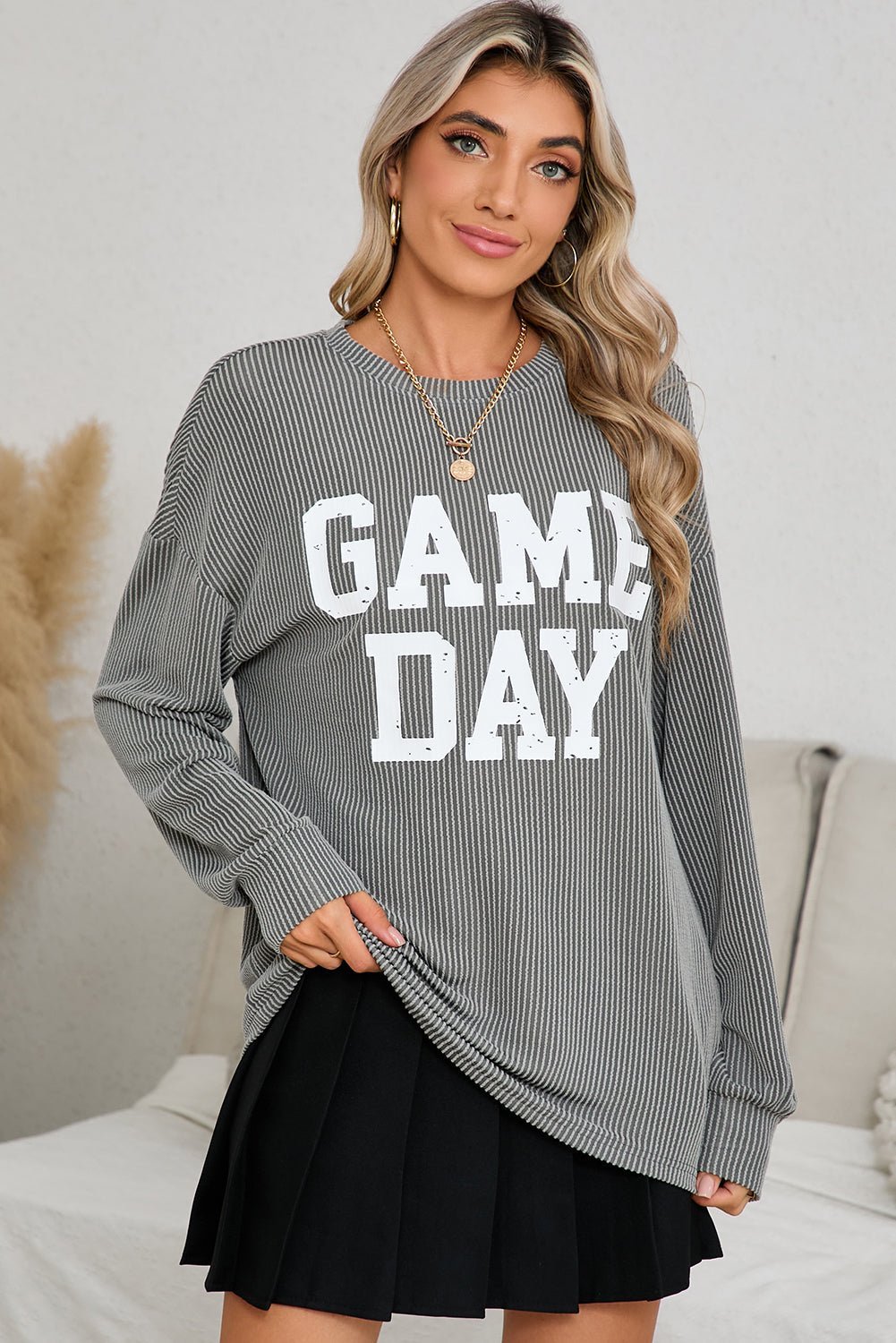 Bluing Corded GAME DAY Graphic Long Sleeve Top - MAD RUFFI