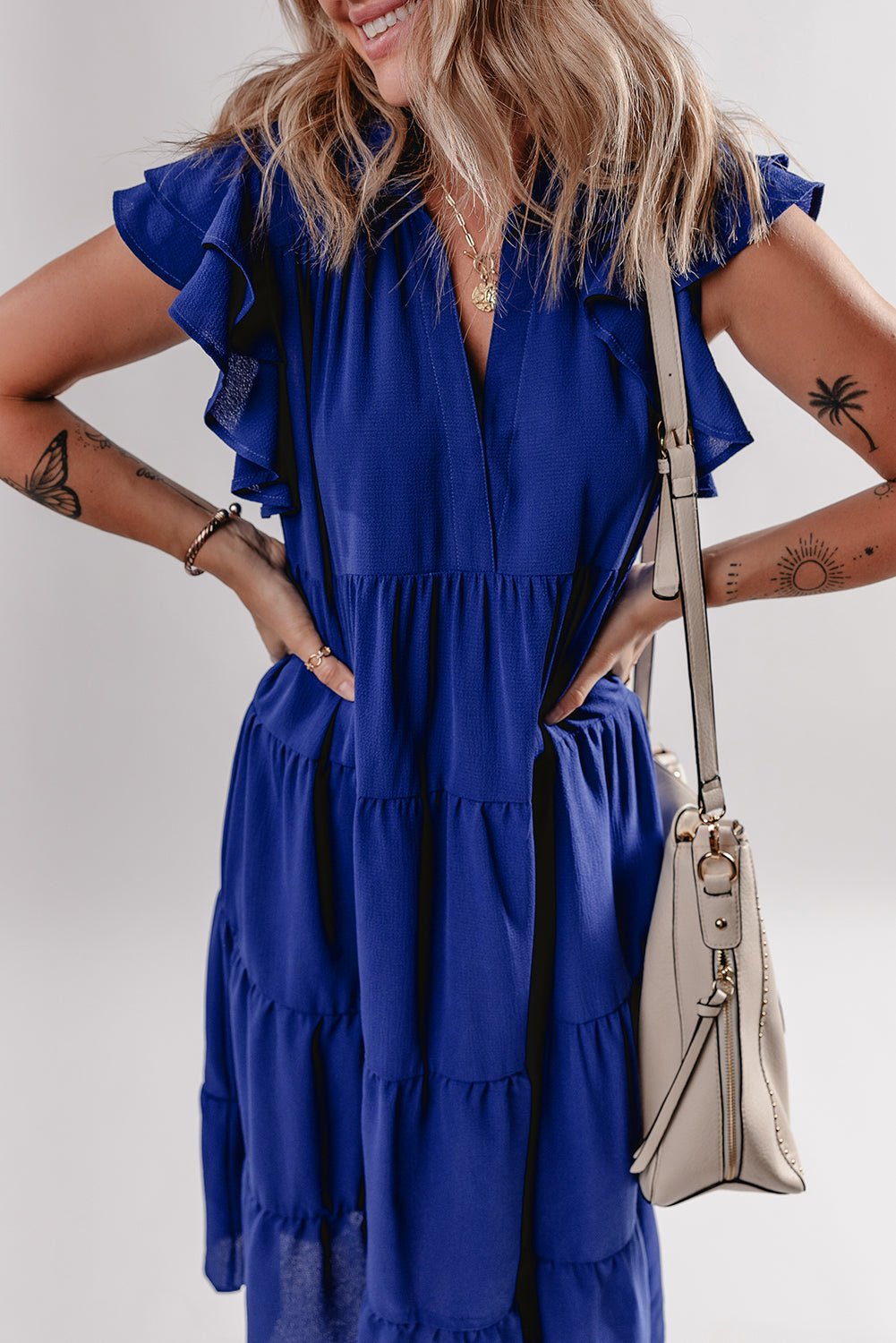Bluing Ruffled Short Sleeve Collared V Neck Tiered Midi Dress - MAD RUFFI
