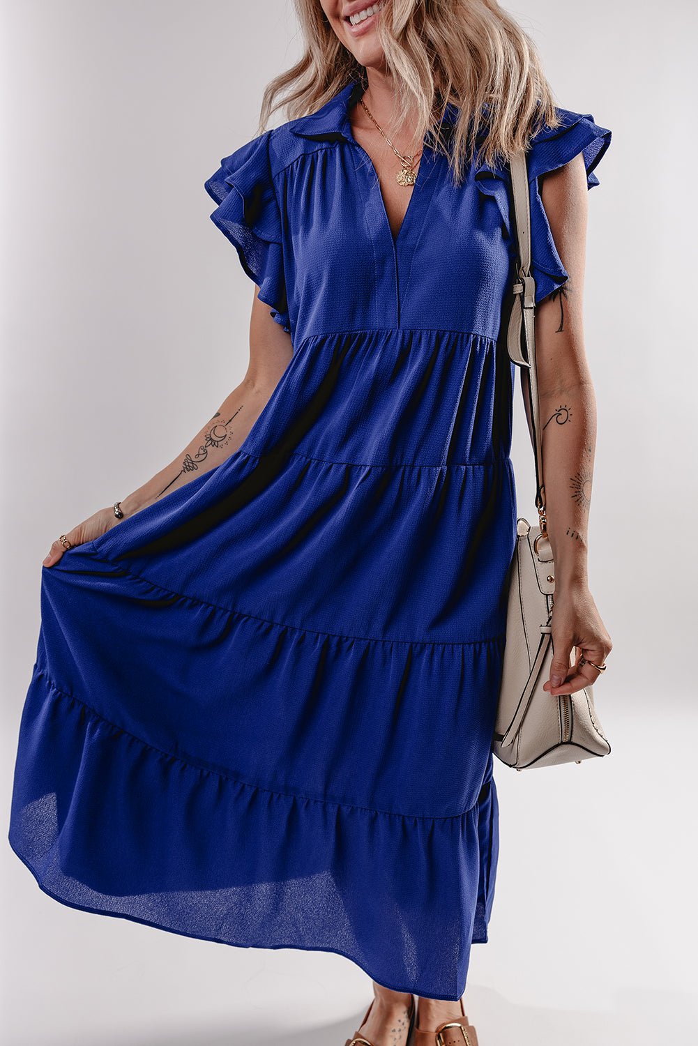Bluing Ruffled Short Sleeve Collared V Neck Tiered Midi Dress - MAD RUFFI