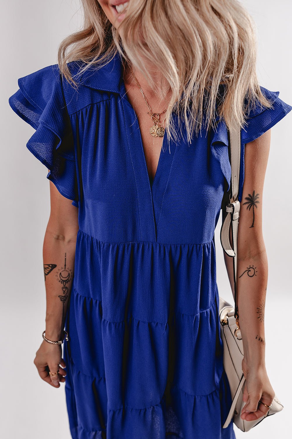 Bluing Ruffled Short Sleeve Collared V Neck Tiered Midi Dress - MAD RUFFI