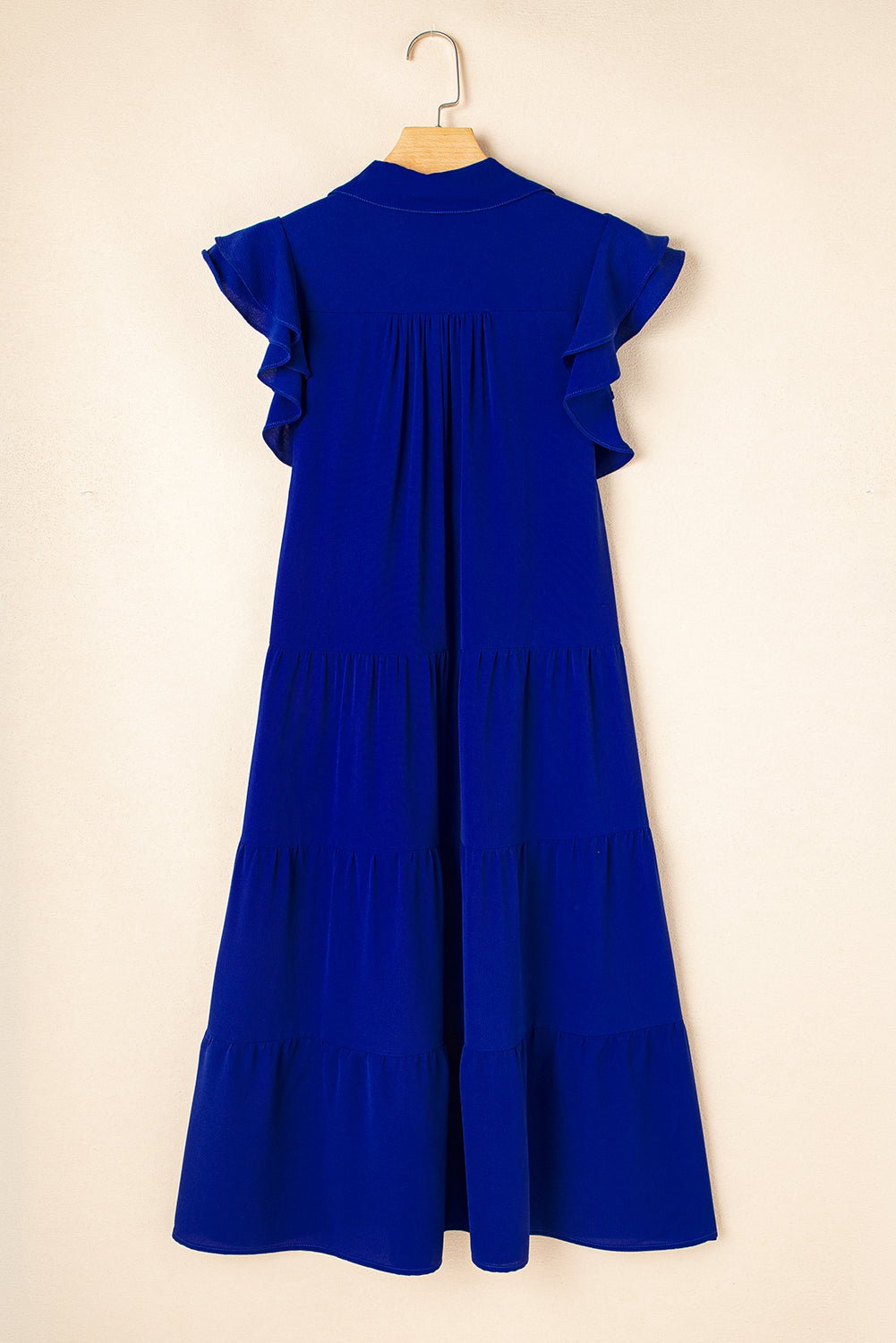 Bluing Ruffled Short Sleeve Collared V Neck Tiered Midi Dress - MAD RUFFI
