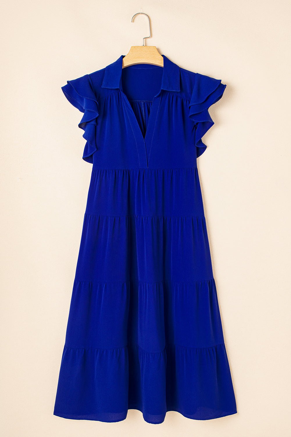 Bluing Ruffled Short Sleeve Collared V Neck Tiered Midi Dress - MAD RUFFI