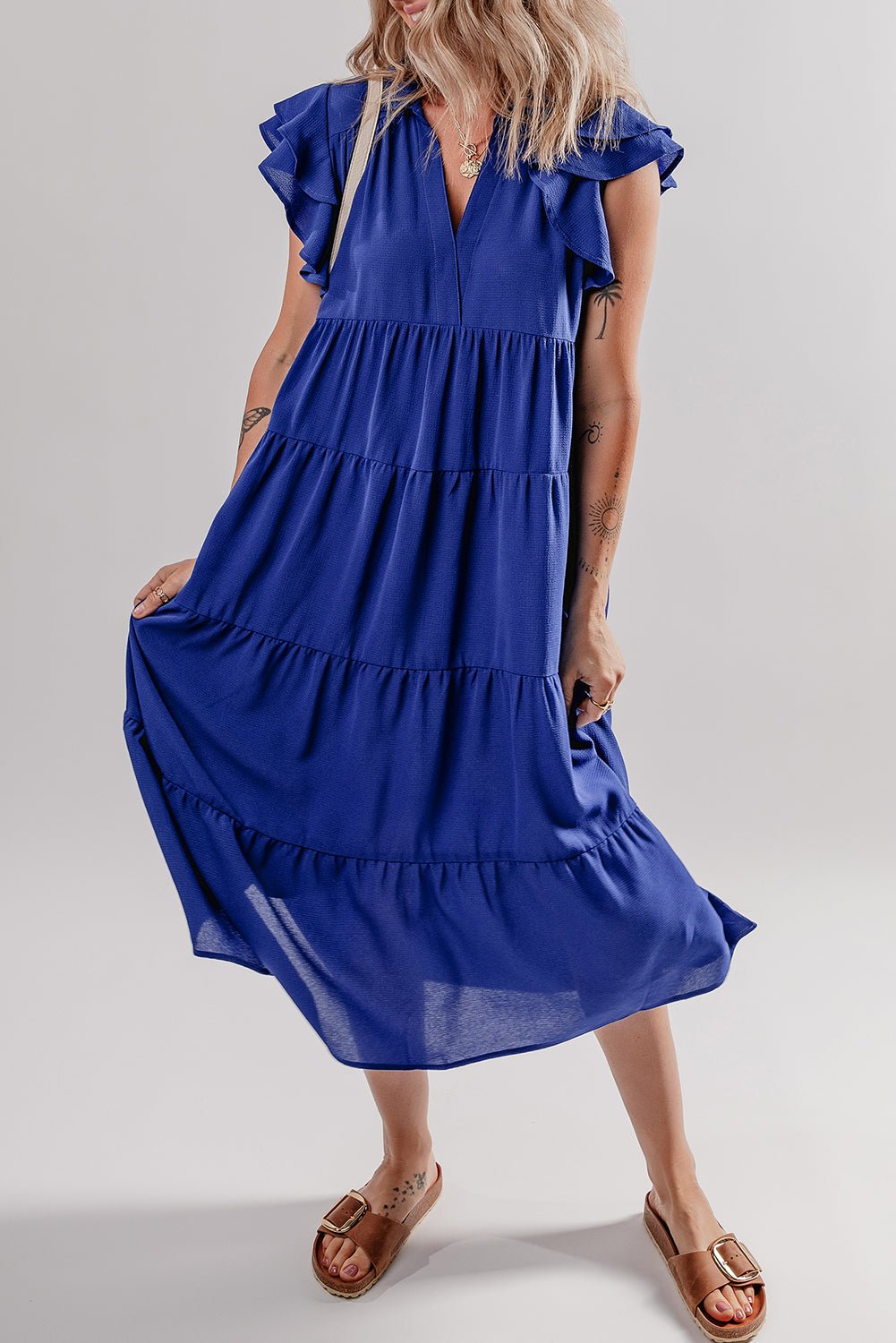 Bluing Ruffled Short Sleeve Collared V Neck Tiered Midi Dress - MAD RUFFI