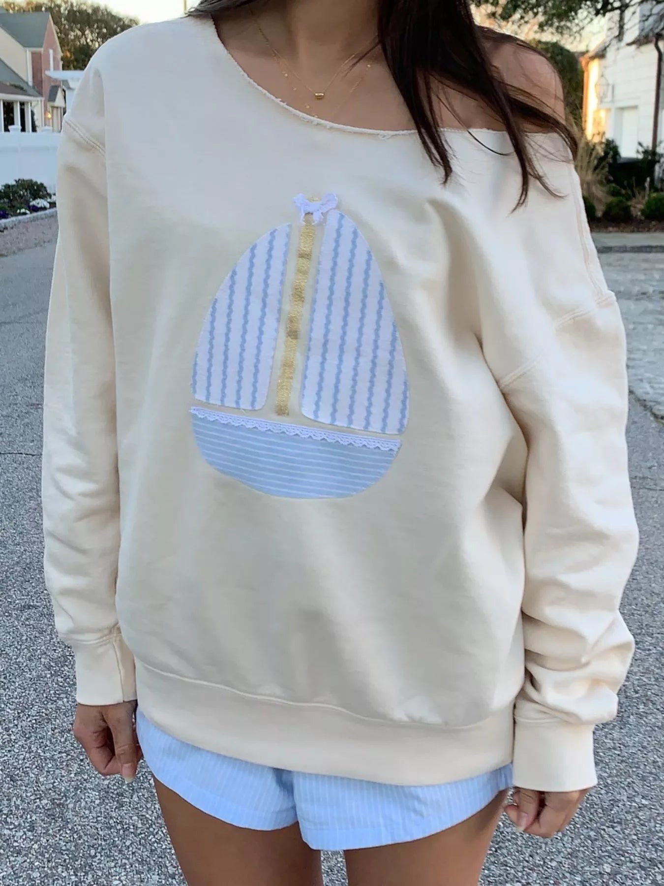 Boat Neck Long Sleeve Patchwork Sweatshirt - MAD RUFFI