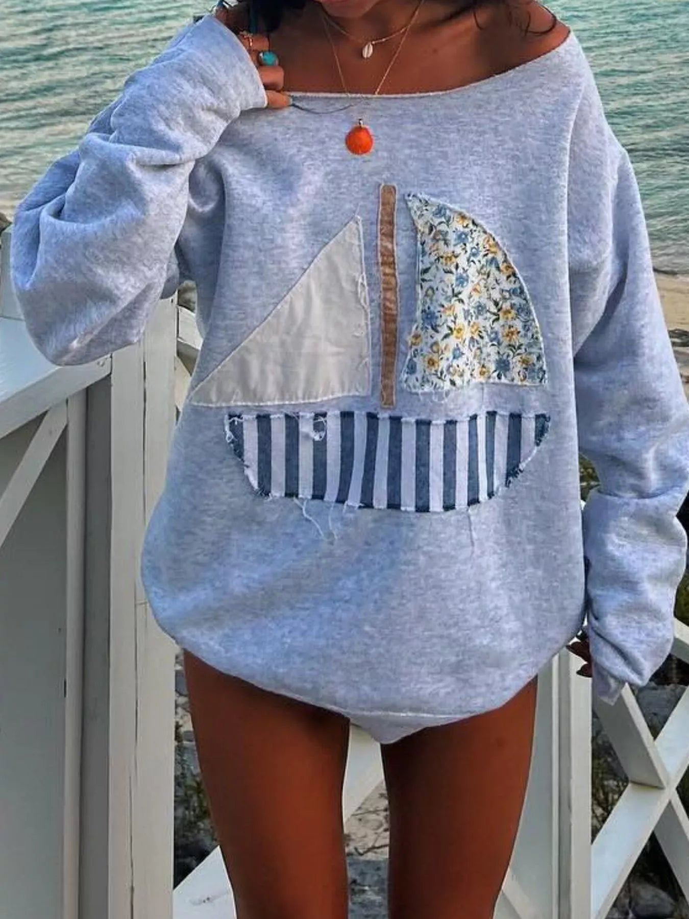 Boat Neck Long Sleeve Patchwork Sweatshirt - MAD RUFFI