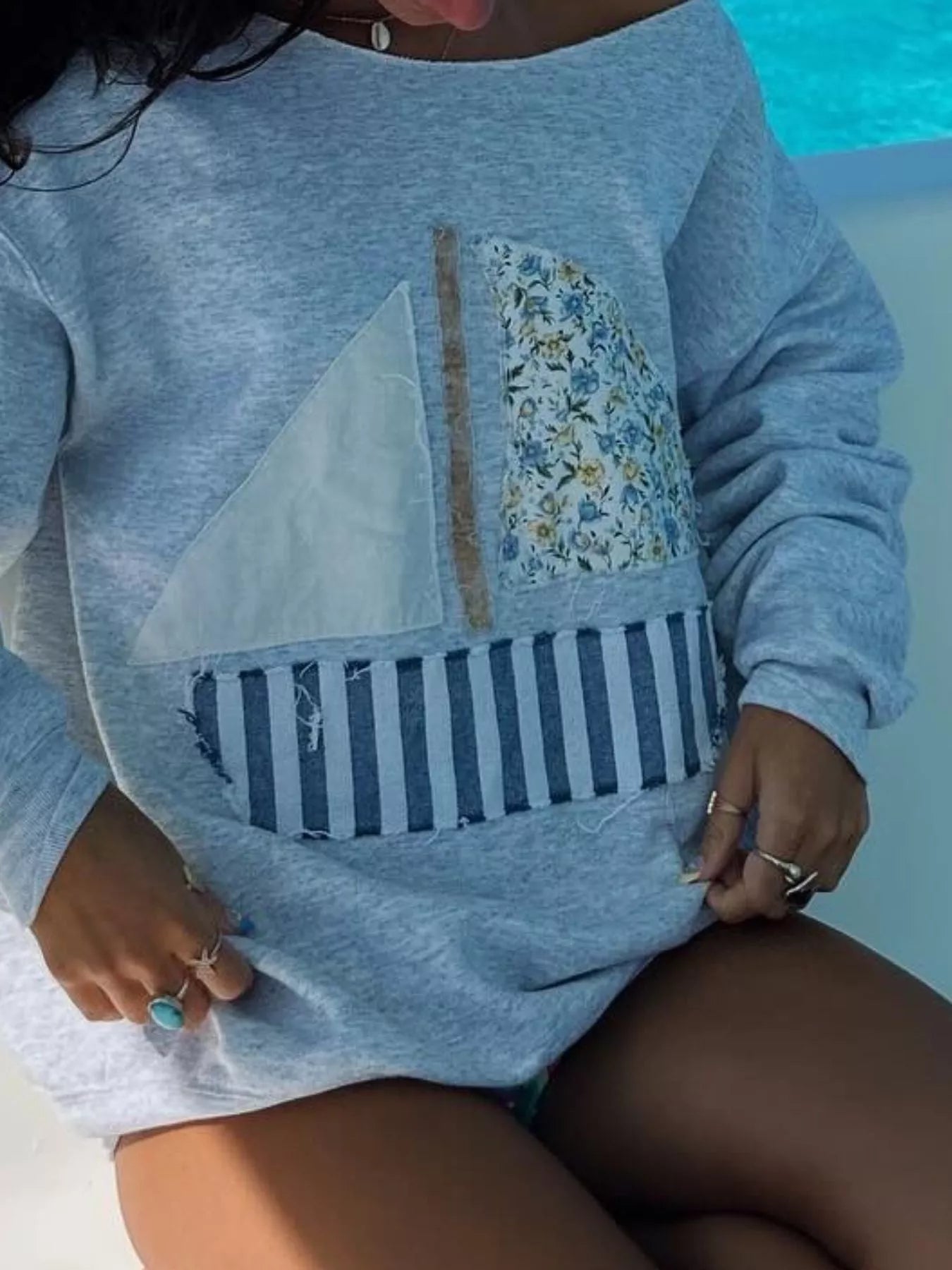 Boat Neck Long Sleeve Patchwork Sweatshirt - MAD RUFFI