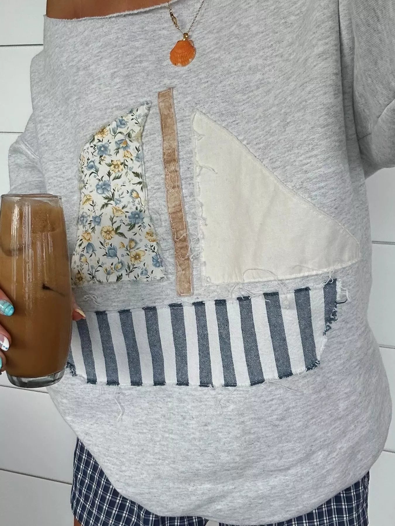 Boat Neck Long Sleeve Patchwork Sweatshirt - MAD RUFFI