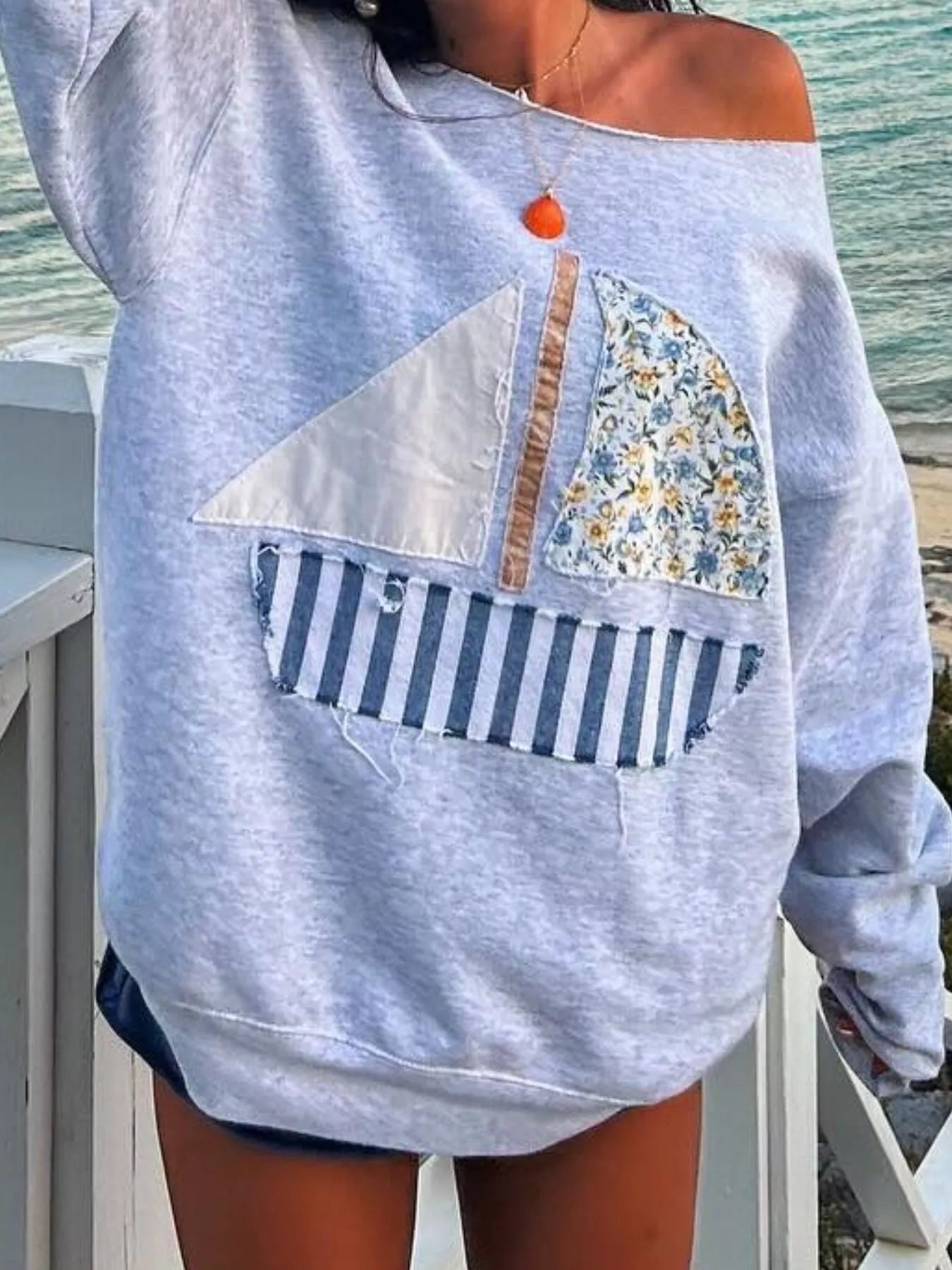 Boat Neck Long Sleeve Patchwork Sweatshirt - MAD RUFFI