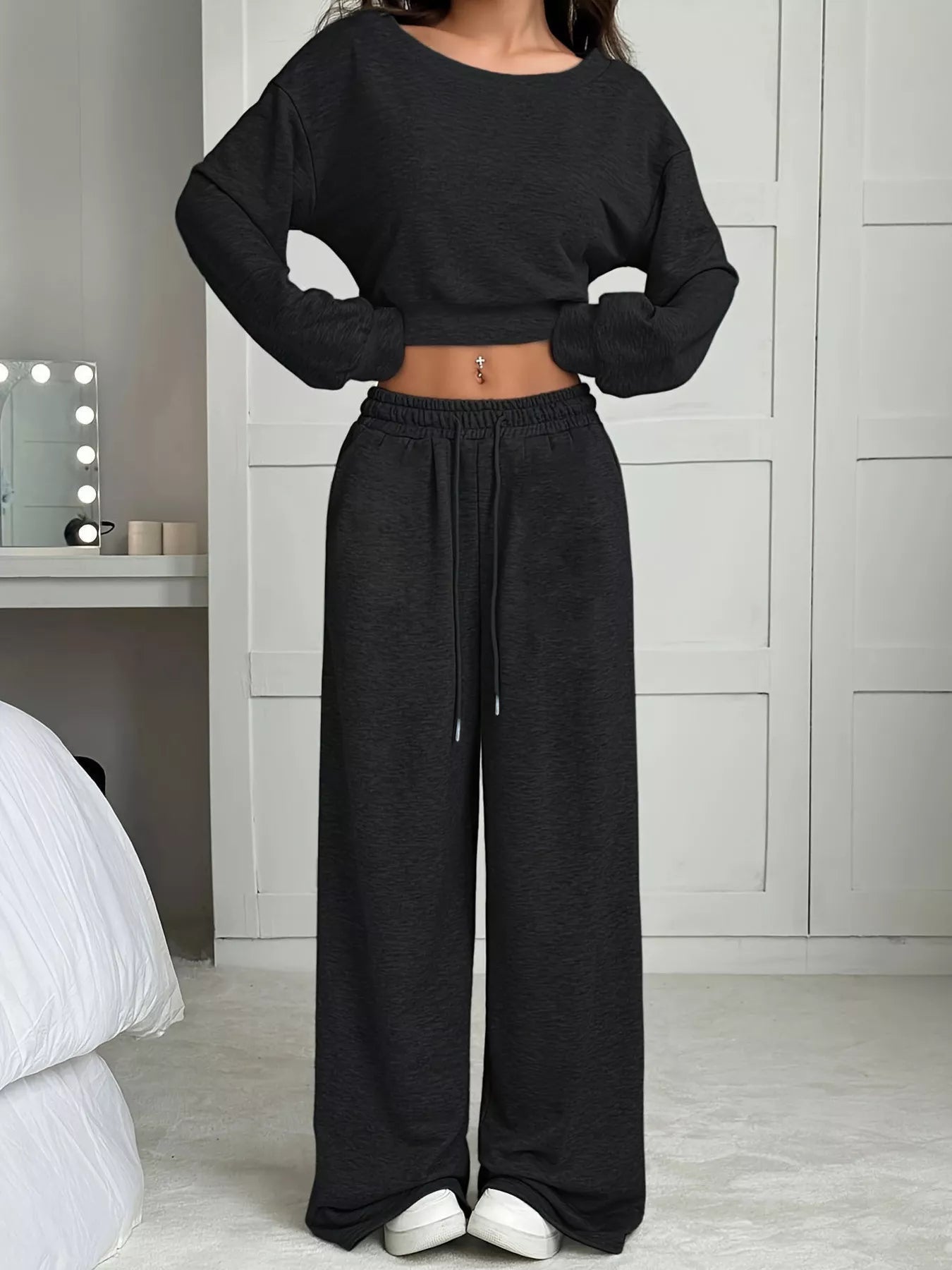 Boat Neck Long Sleeve Top and Pants Set - MAD RUFFI