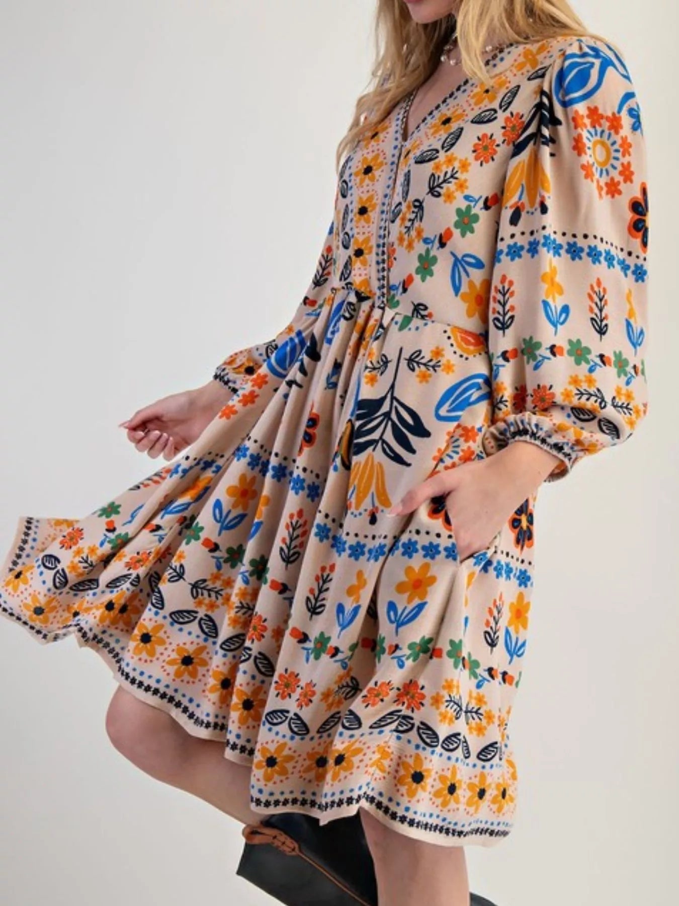 Bohemian Floral Print Long Sleeve Mini Dress - MAD RUFFI