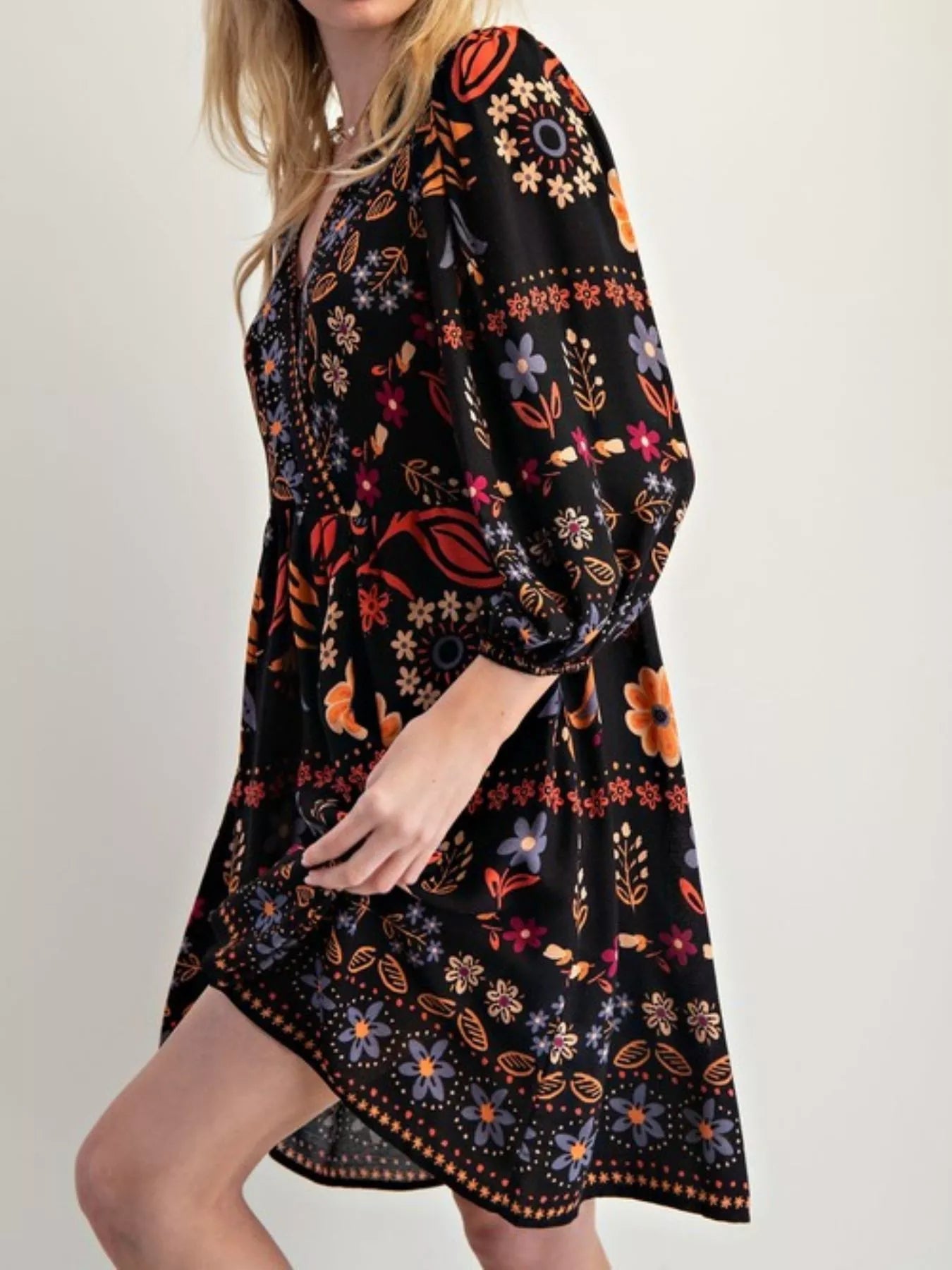Bohemian Floral Print Long Sleeve Mini Dress - MAD RUFFI