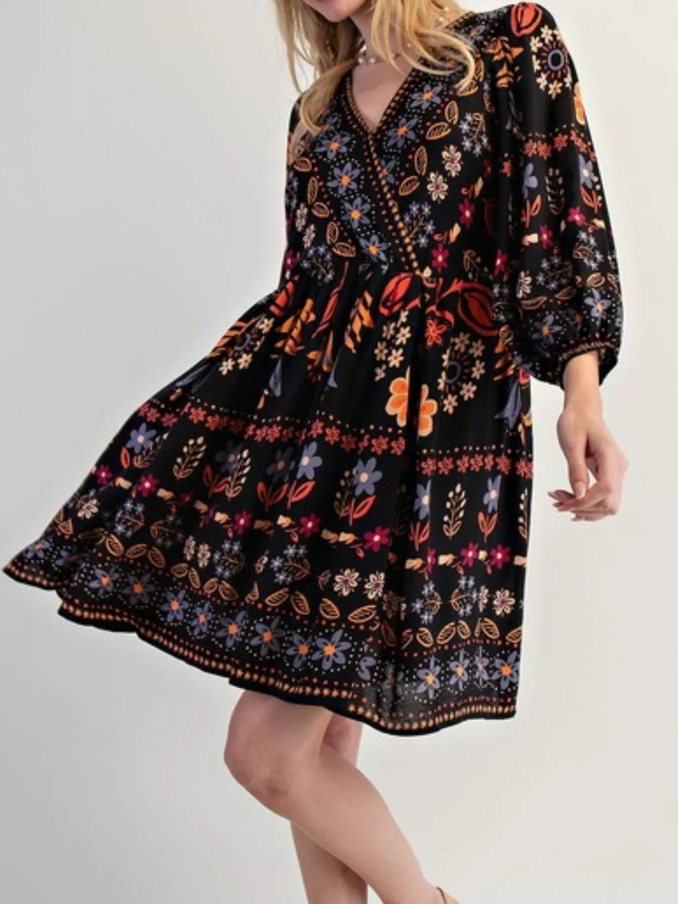 Bohemian Floral Print Long Sleeve Mini Dress - MAD RUFFI