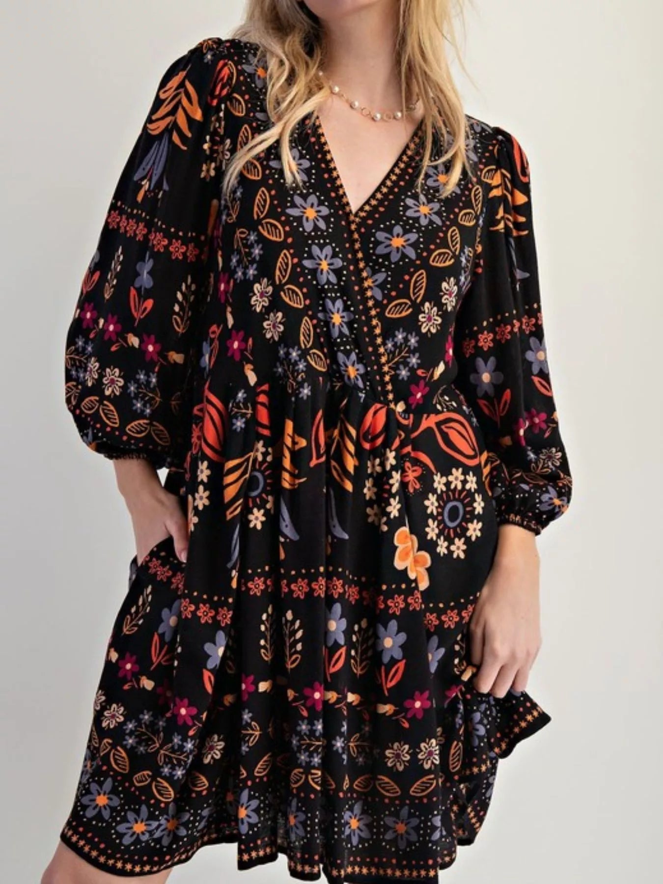 Bohemian Floral Print Long Sleeve Mini Dress - MAD RUFFI