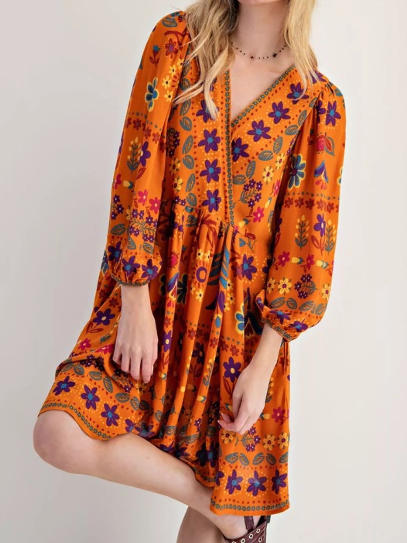 Bohemian Floral Print Long Sleeve Mini Dress - MAD RUFFI