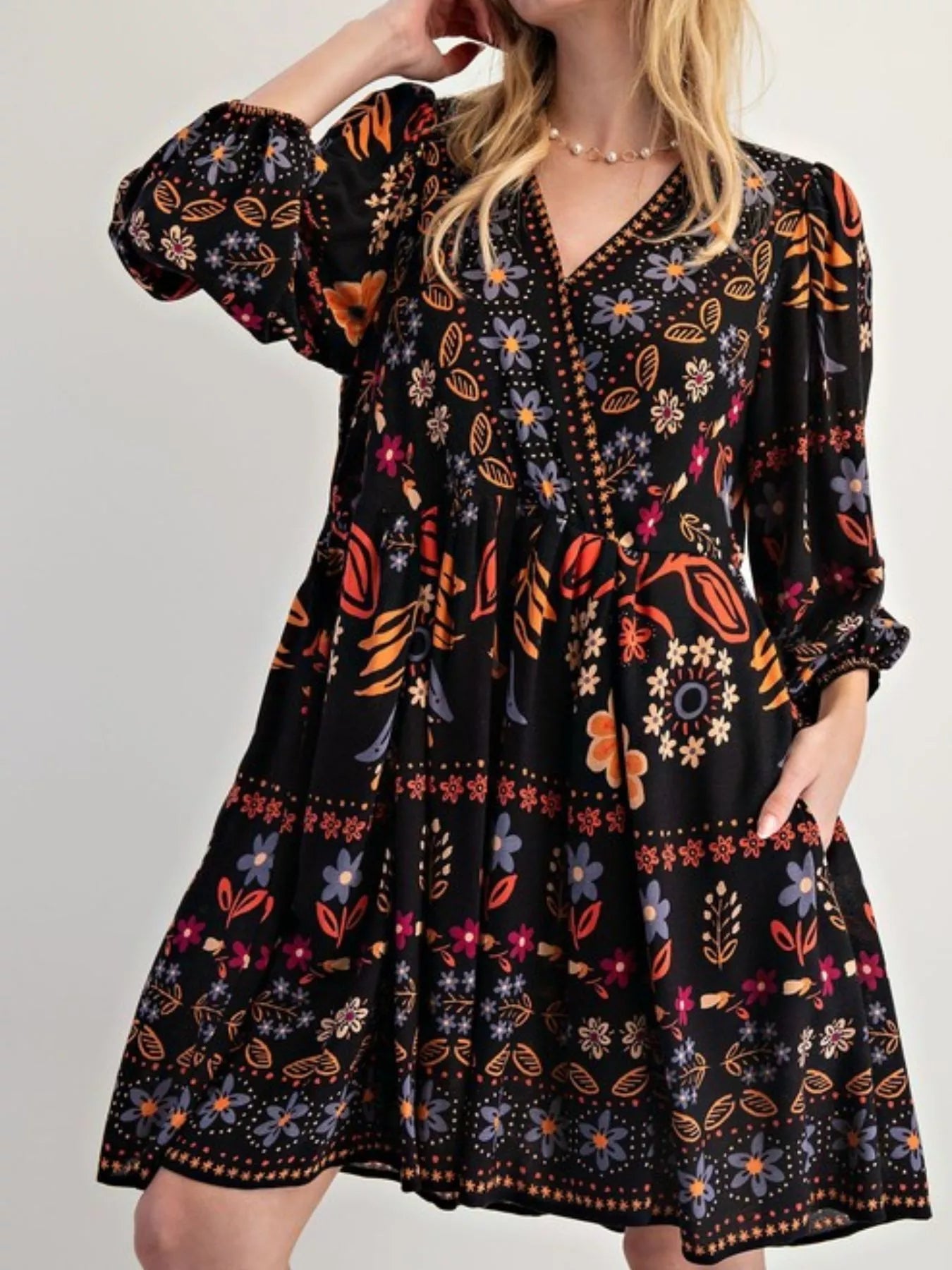 Bohemian Floral Print Long Sleeve Mini Dress - MAD RUFFI