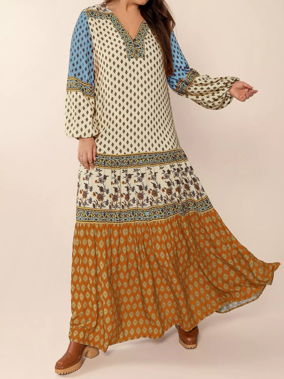 Bohemian Mixed Print Long Sleeve Maxi Dress - MAD RUFFI