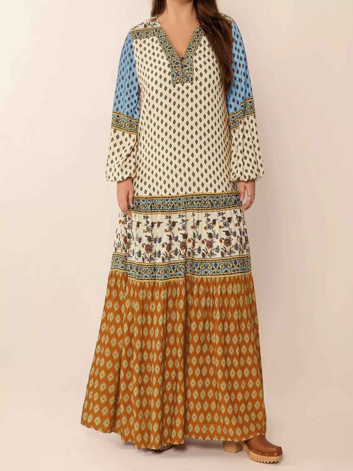 Bohemian Mixed Print Long Sleeve Maxi Dress - MAD RUFFI