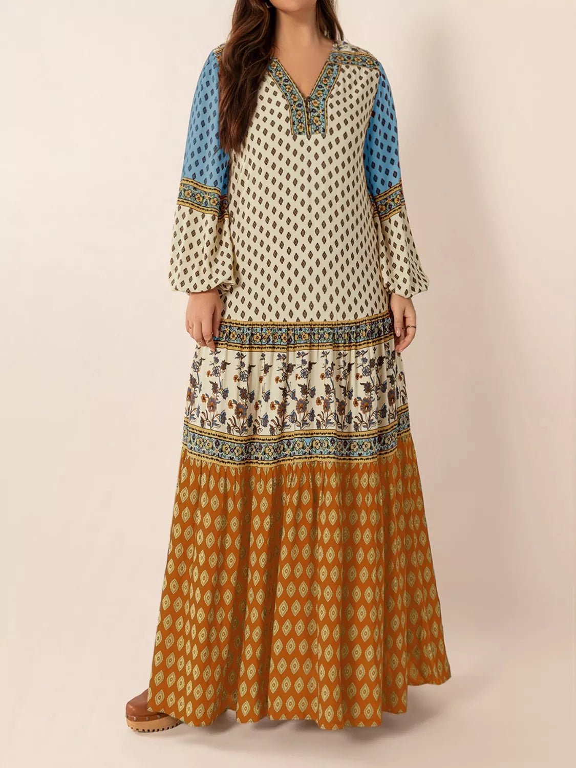 Bohemian Mixed Print Long Sleeve Maxi Dress - MAD RUFFI