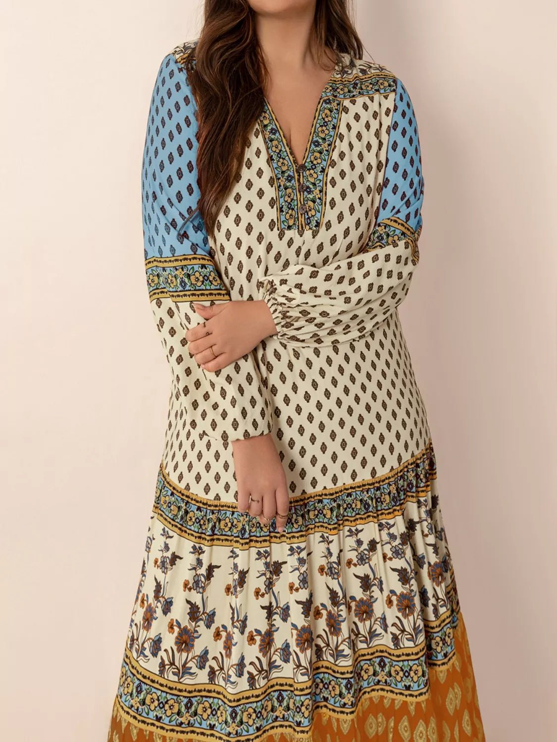 Bohemian Mixed Print Long Sleeve Maxi Dress - MAD RUFFI