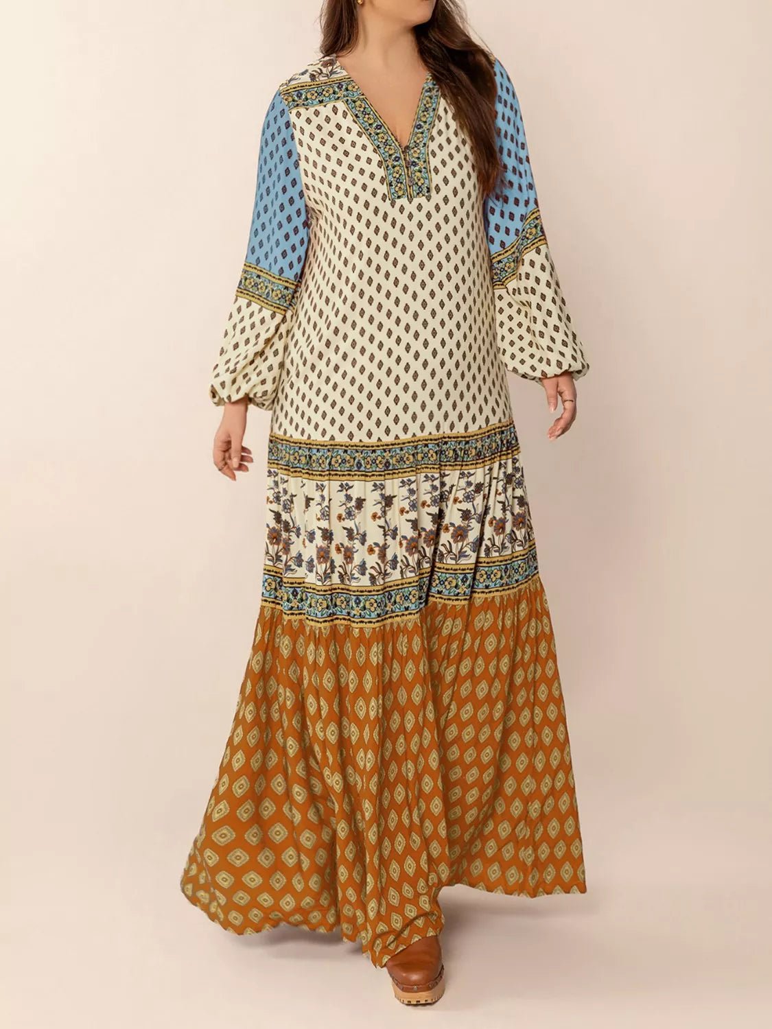 Bohemian Mixed Print Long Sleeve Maxi Dress - MAD RUFFI