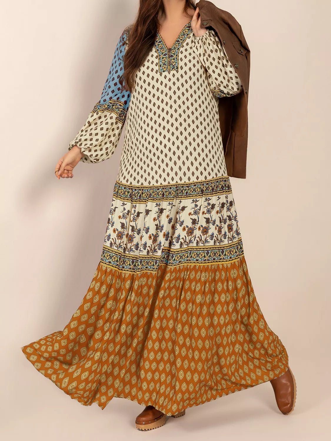 Bohemian Mixed Print Long Sleeve Maxi Dress - MAD RUFFI