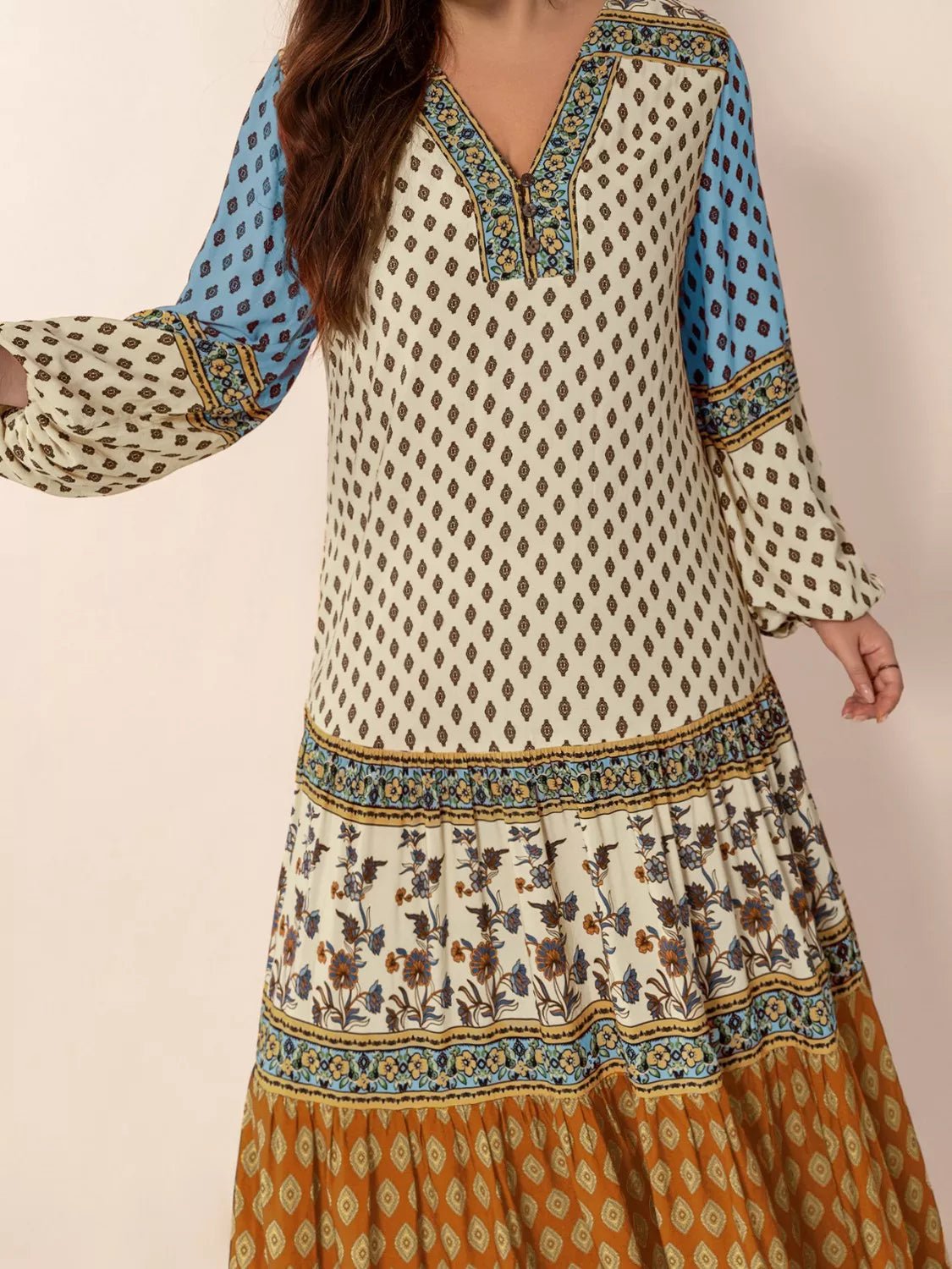 Bohemian Mixed Print Long Sleeve Maxi Dress - MAD RUFFI