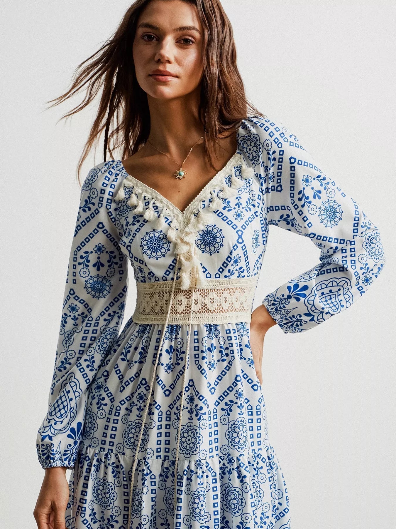 Bohemian Print Midi Dress with Tassel Detail - MAD RUFFI