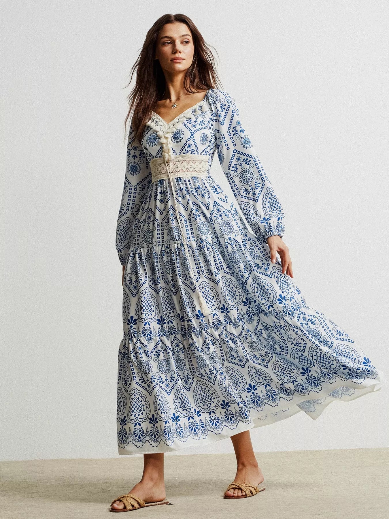 Bohemian Print Midi Dress with Tassel Detail - MAD RUFFI
