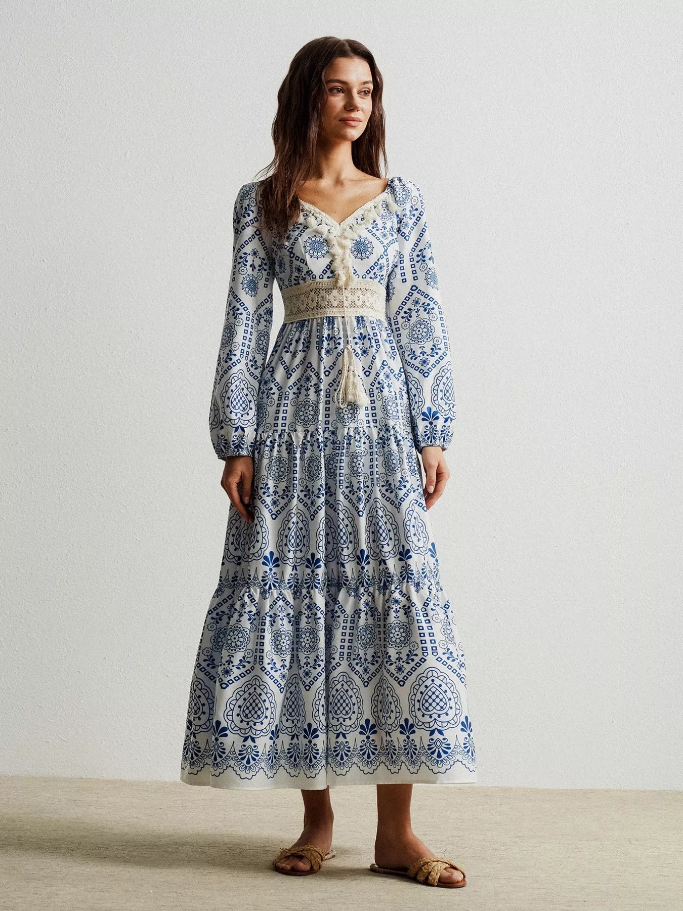 Bohemian Print Midi Dress with Tassel Detail - MAD RUFFI