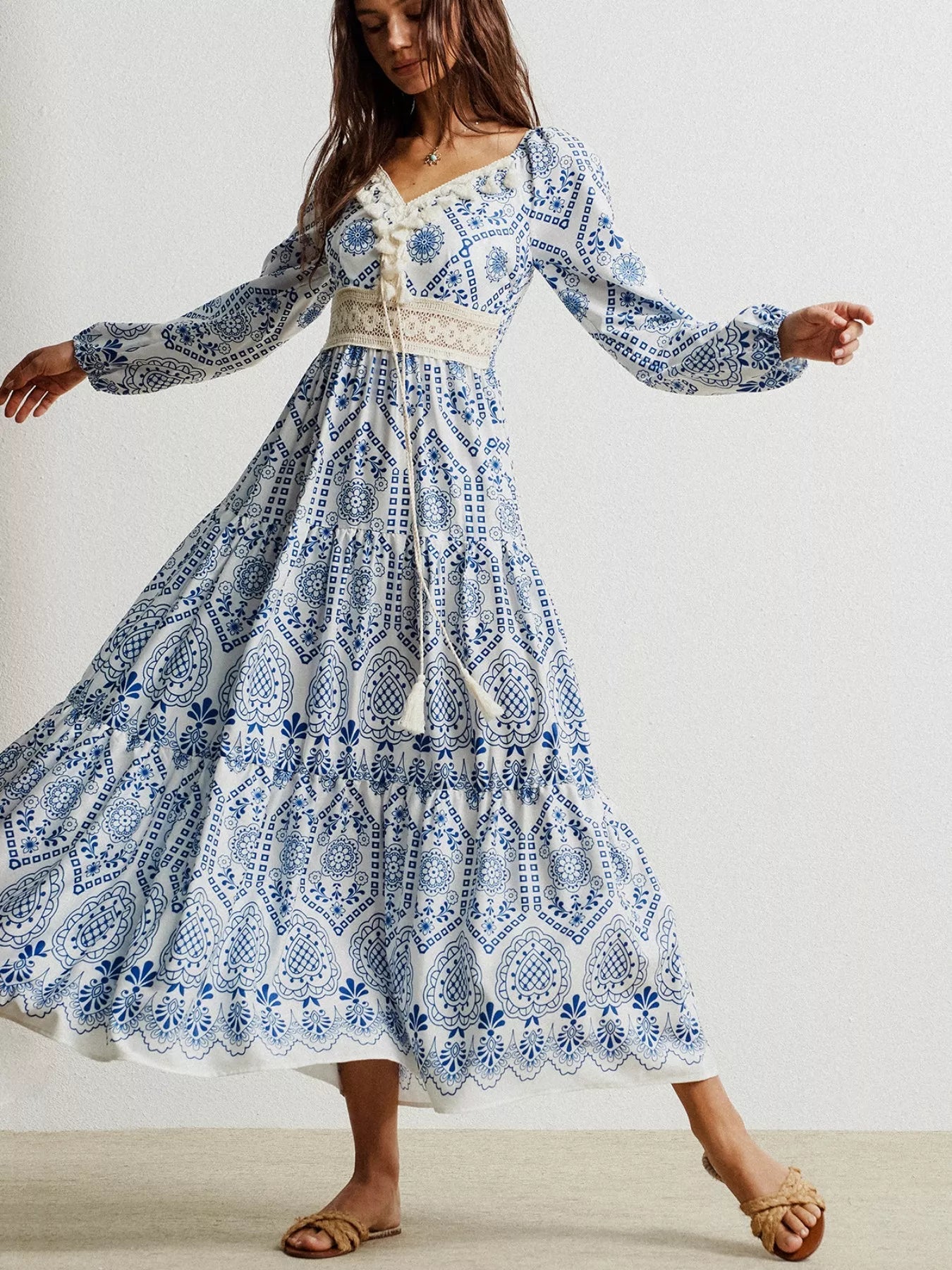 Bohemian Print Midi Dress with Tassel Detail - MAD RUFFI