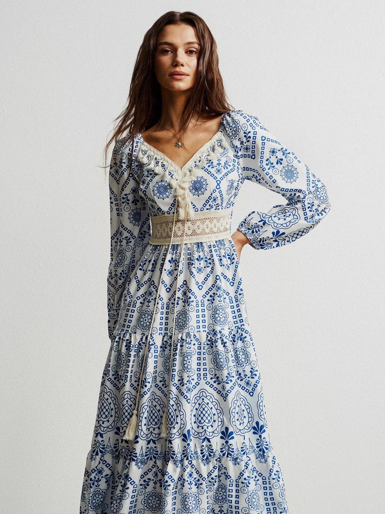 Bohemian Print Midi Dress with Tassel Detail - MAD RUFFI