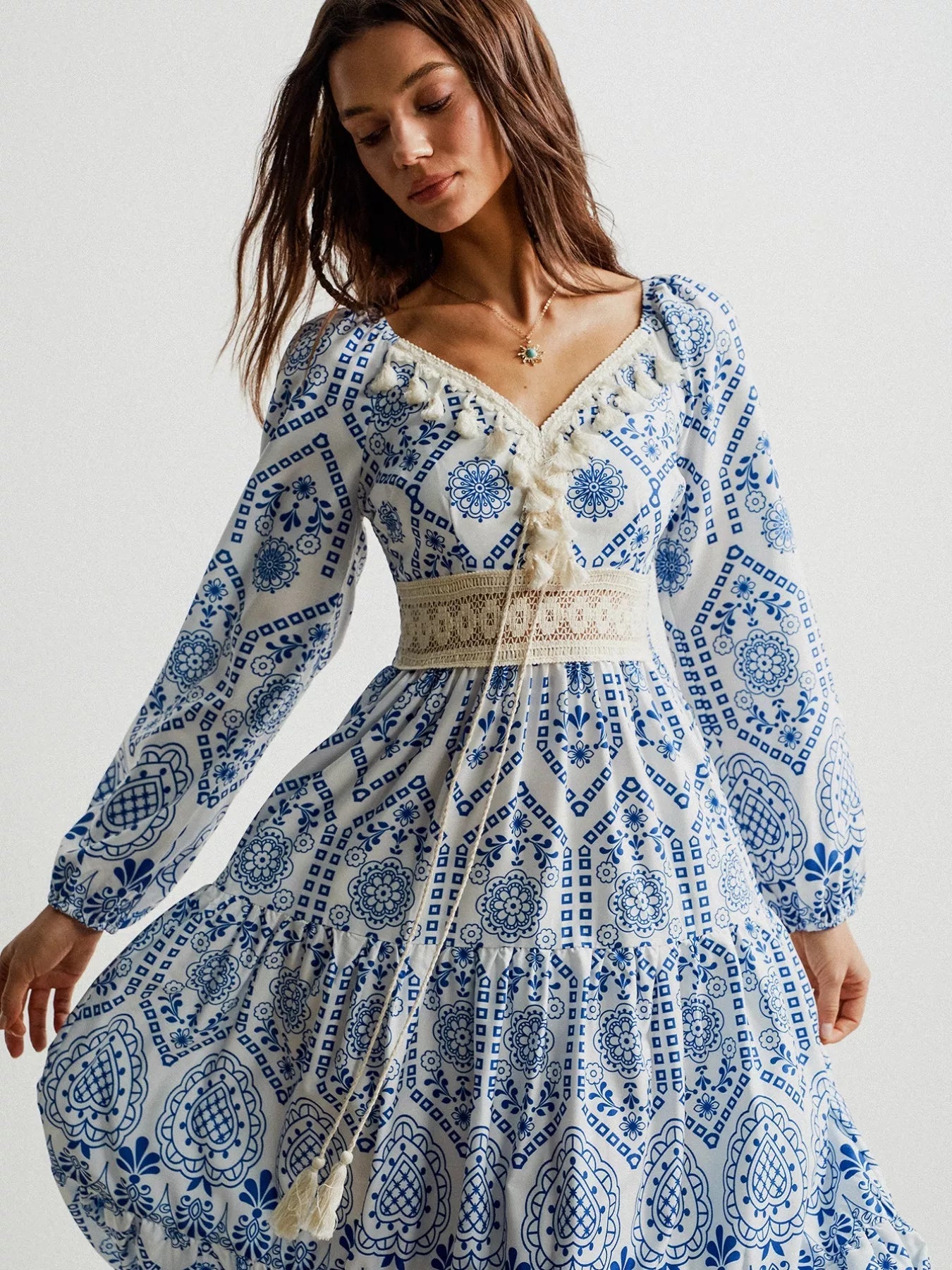 Bohemian Print Midi Dress with Tassel Detail - MAD RUFFI