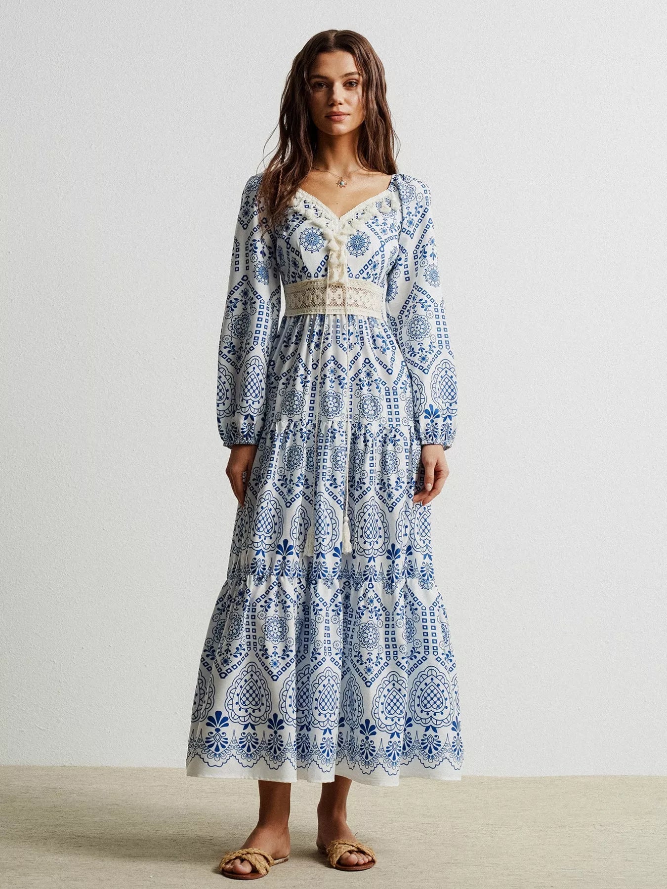 Bohemian Print Midi Dress with Tassel Detail - MAD RUFFI